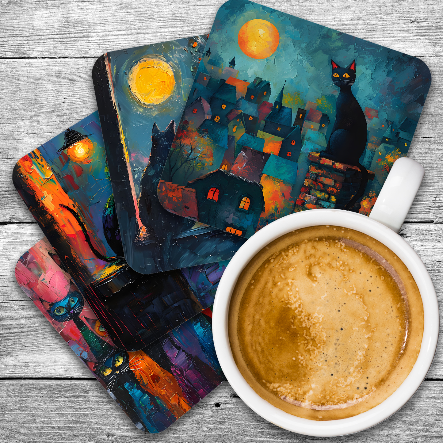 Mystic Felines Set Of 4 Wooden Coasters With Cork Backing 95mm
