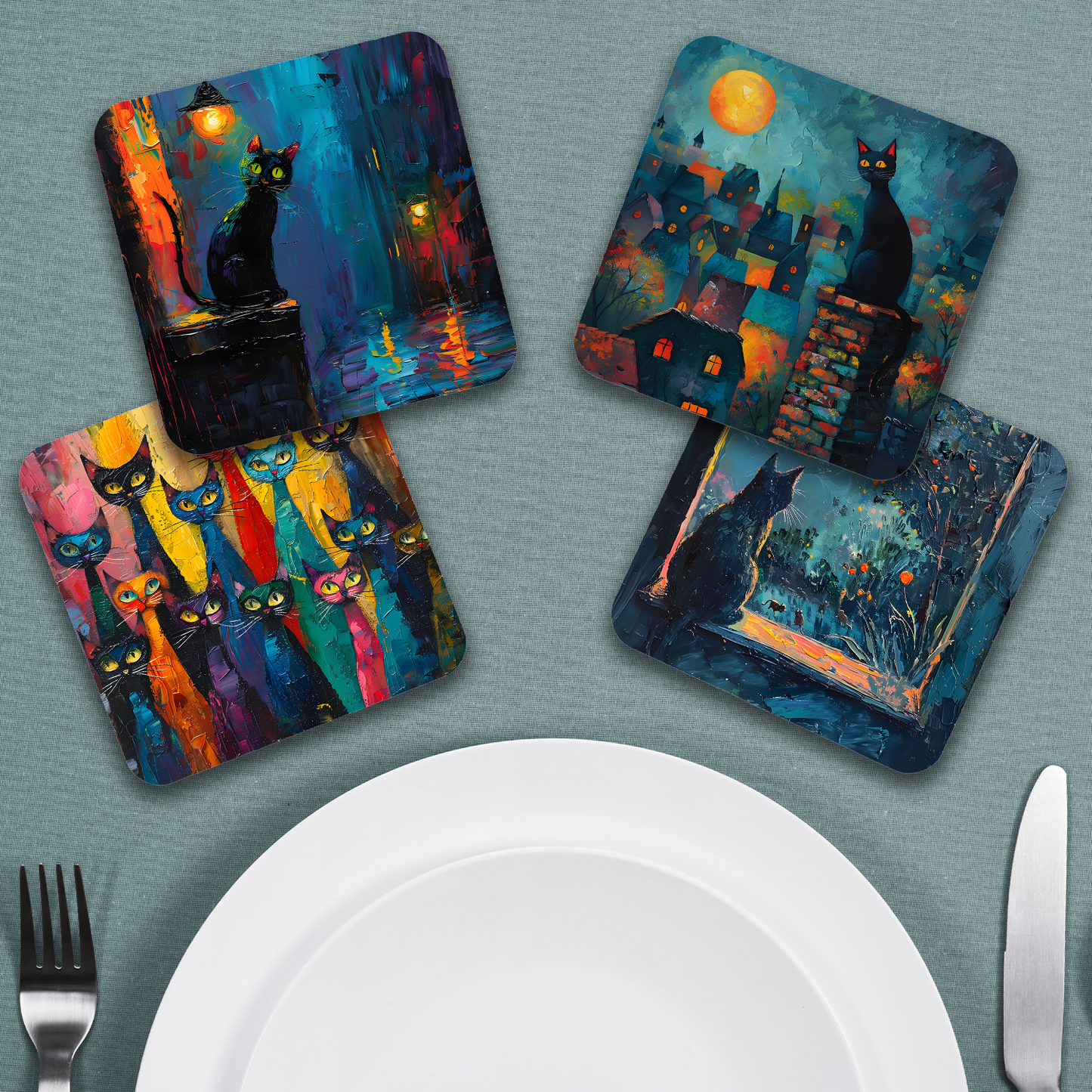 Mystic Felines Set Of 4 Wooden Coasters With Cork Backing 95mm