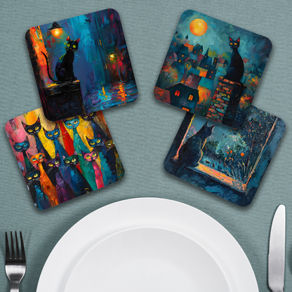Mystic Felines Set Of 4 Wooden Coasters With Cork Backing 95mm