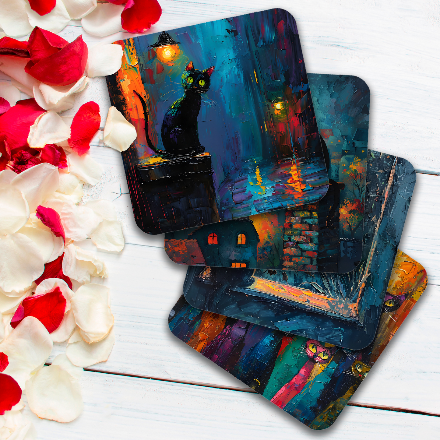 Mystic Felines Set Of 4 Wooden Coasters With Cork Backing 95mm