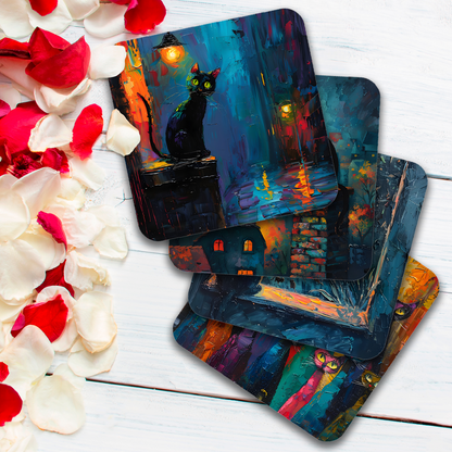 Mystic Felines Set Of 4 Wooden Coasters With Cork Backing 95mm