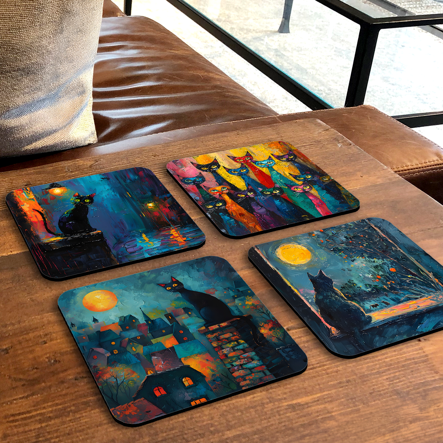 Mystic Felines Set Of 4 Wooden Coasters With Cork Backing 95mm