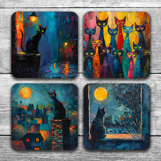 Mystic Felines Set Of 4 Wooden Coasters With Cork Backing 95mm