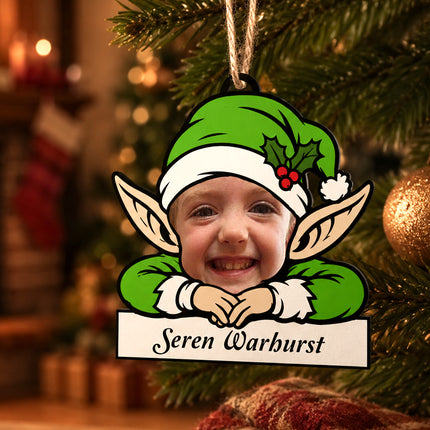 Personalised Photo Elf Christmas Ornament with Name, Wooden Tree Decoration, Boxed Christmas Keepsake Gift