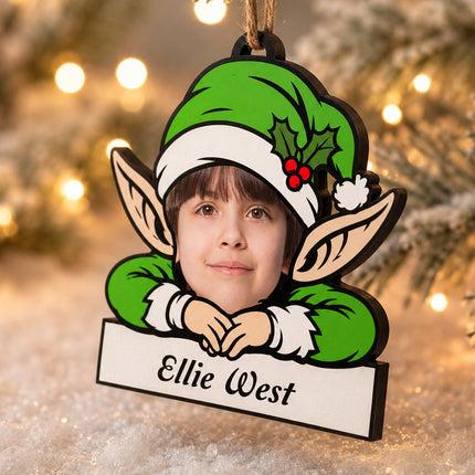 Personalised Photo Elf Christmas Ornament with Name, Wooden Tree Decoration, Boxed Christmas Keepsake Gift