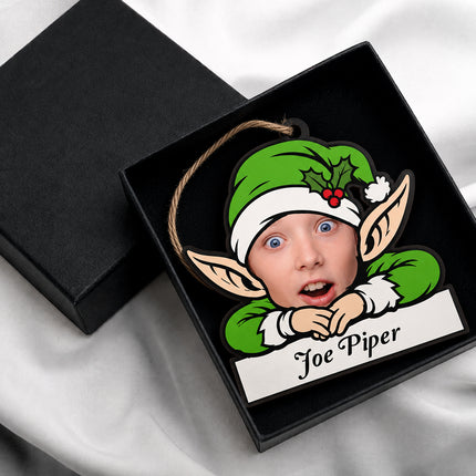 Personalised Photo Elf Christmas Ornament with Name, Wooden Tree Decoration, Boxed Christmas Keepsake Gift