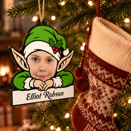 Personalised Photo Elf Christmas Ornament with Name, Wooden Tree Decoration, Boxed Christmas Keepsake Gift