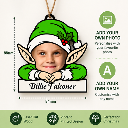 Personalised Photo Elf Christmas Ornament with Name, Wooden Tree Decoration, Boxed Christmas Keepsake Gift