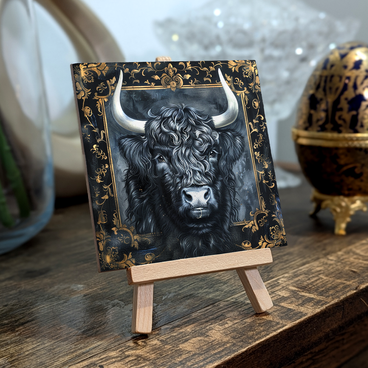 The Highland Cow Baroque Style Illustrated Art Tile With Easel