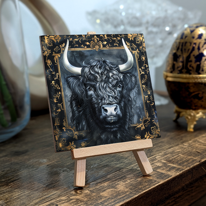 The Highland Cow Baroque Style Illustrated Art Tile With Easel