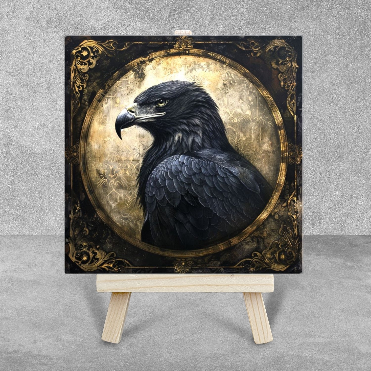 The Black Eagle Baroque Style Illustrated Art Tile With Easel
