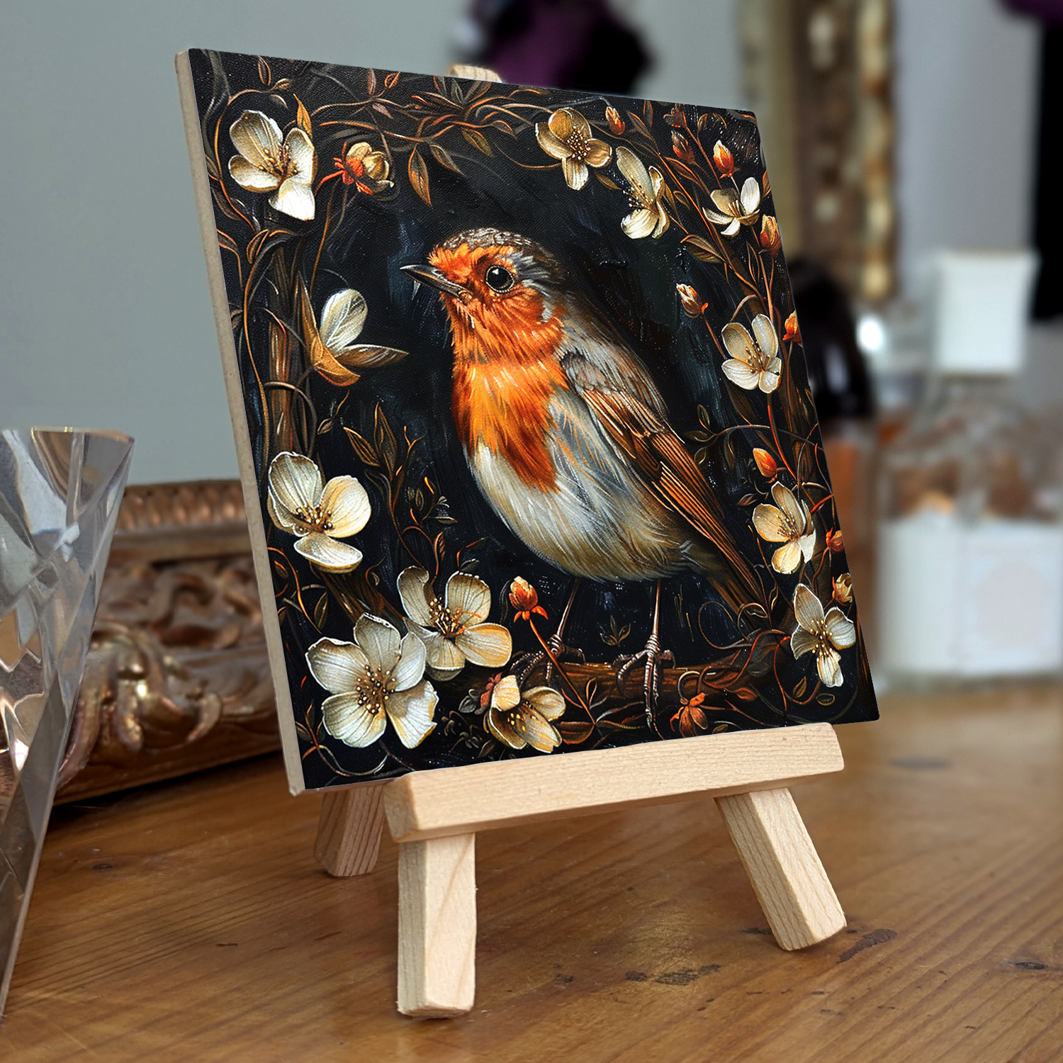The Robin Baroque Style Illustrated Art Tile With Easel