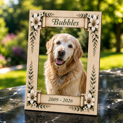 Personalised Wooden Pet Memorial Photo Plaque with Name and Dates