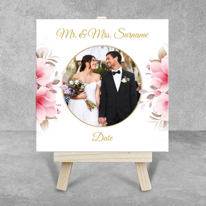 Pink Rose Floral Wedding Celebrations – Personalised Tile with Easel