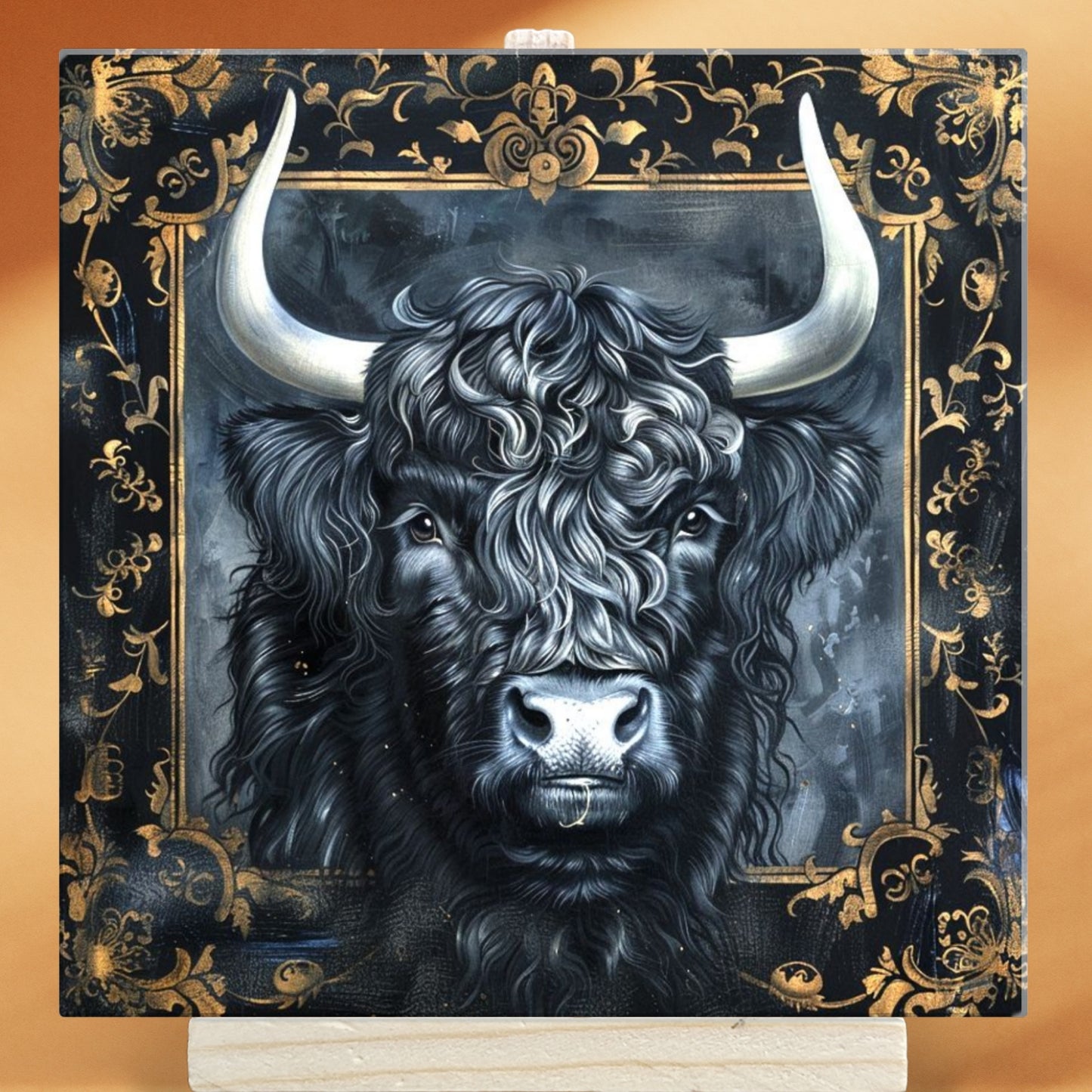 The Highland Cow Baroque Style Illustrated Art Tile With Easel
