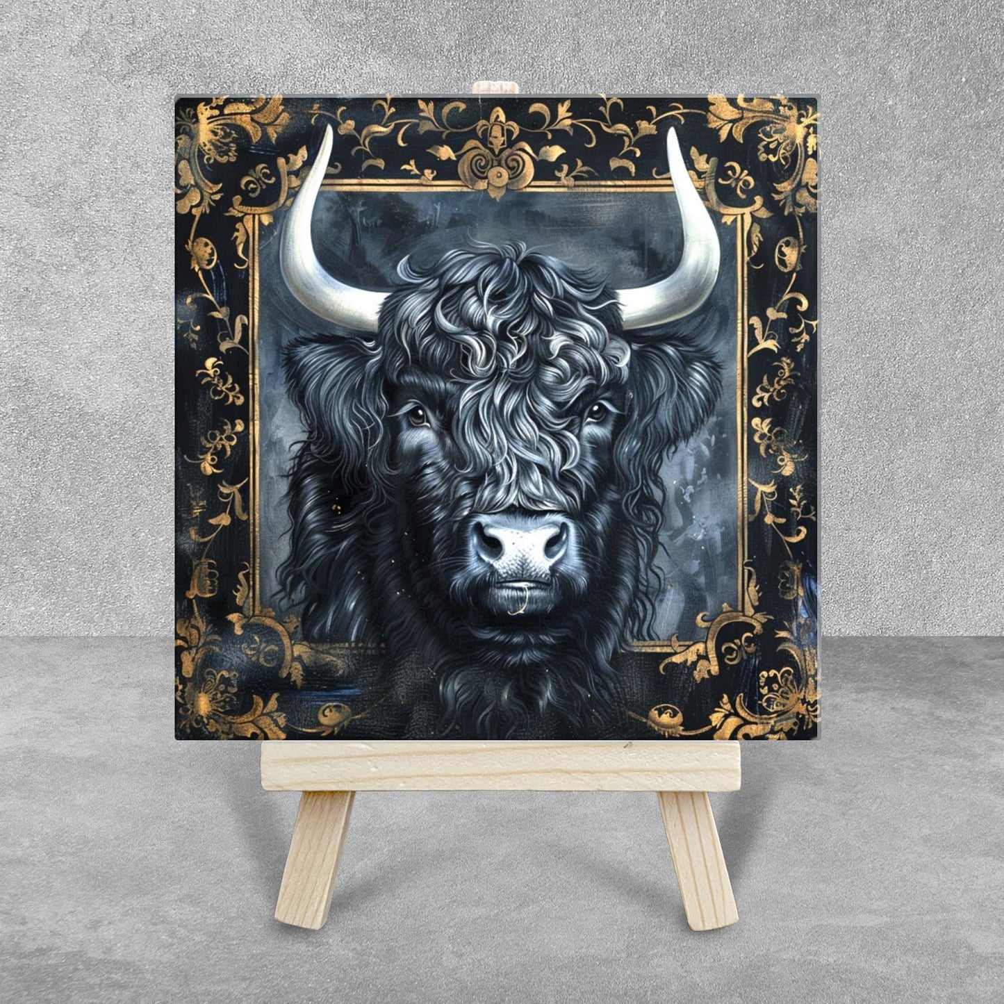 The Highland Cow Baroque Style Illustrated Art Tile With Easel